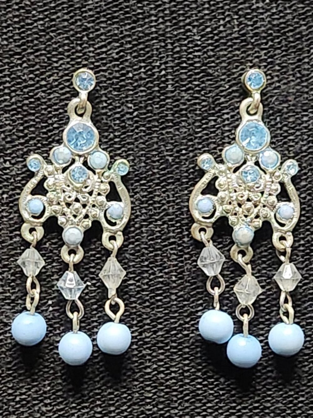 Blue Rhinestone Chandelier Earrings Filigree Silver Tone Dangle Boho
